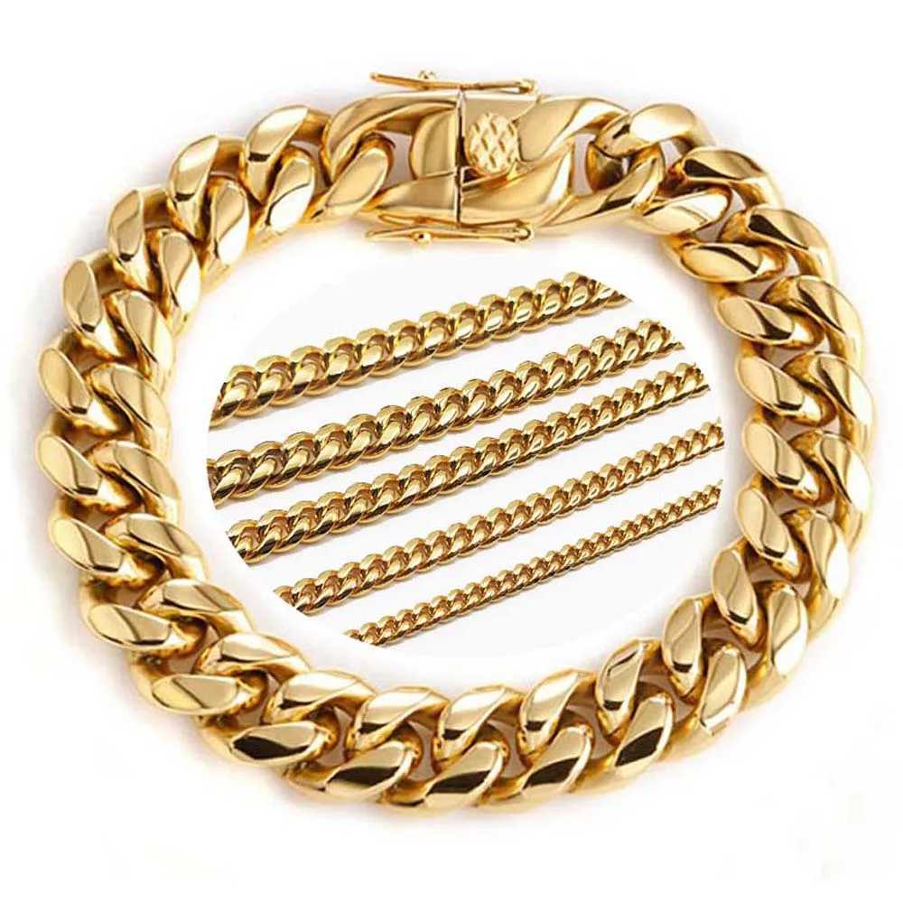 18K Gold Plated Stainless Steel Miami Curb Cuban Chain Link Bracelet Casting Clasp Hip hop Men Jewelry PromotionX240913