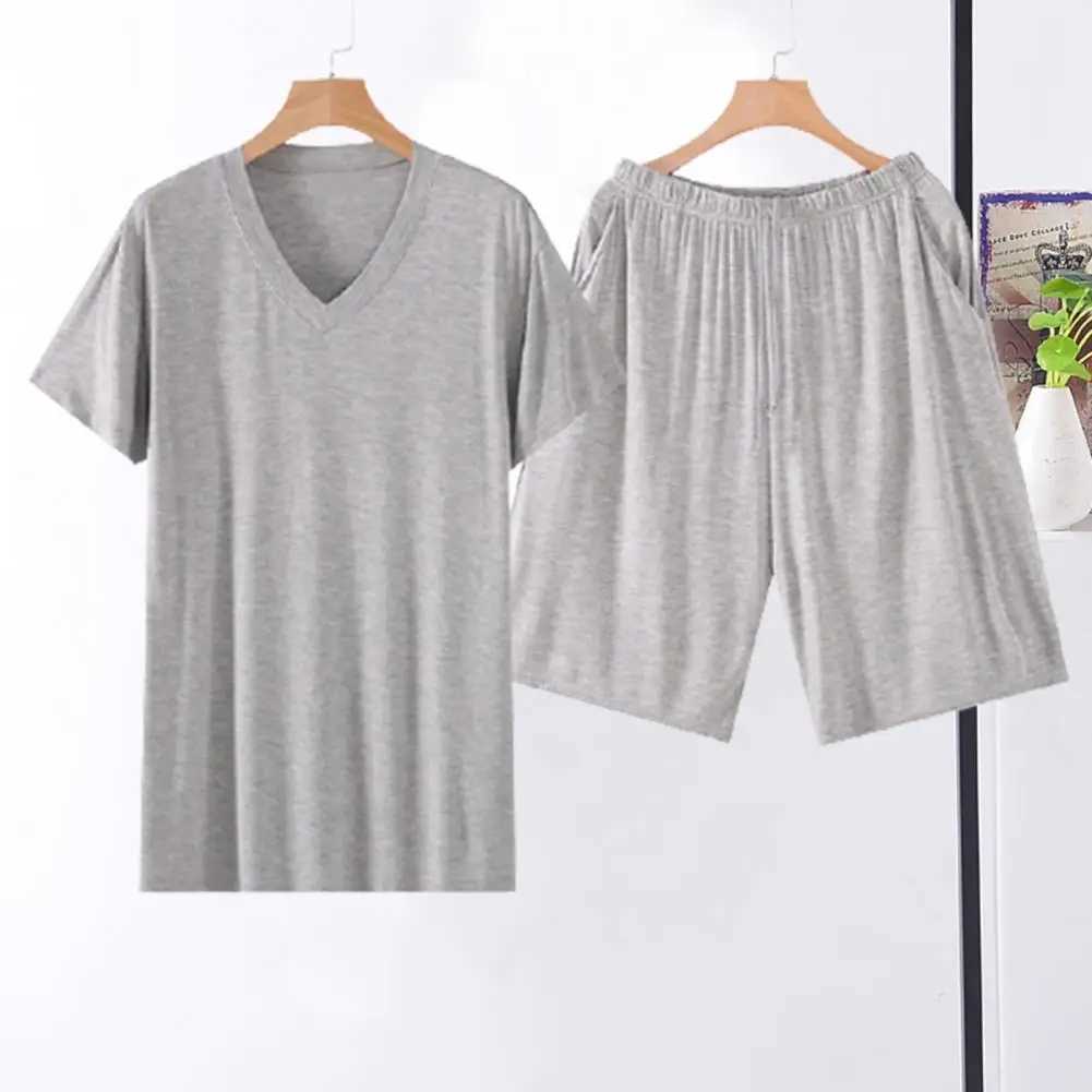 Summer Men Loungewear Breathable Viscose Solid Color Short Sleeve Men Sleepwear With Pocket Loose Elastic Male Shorts Pajamas Y240913