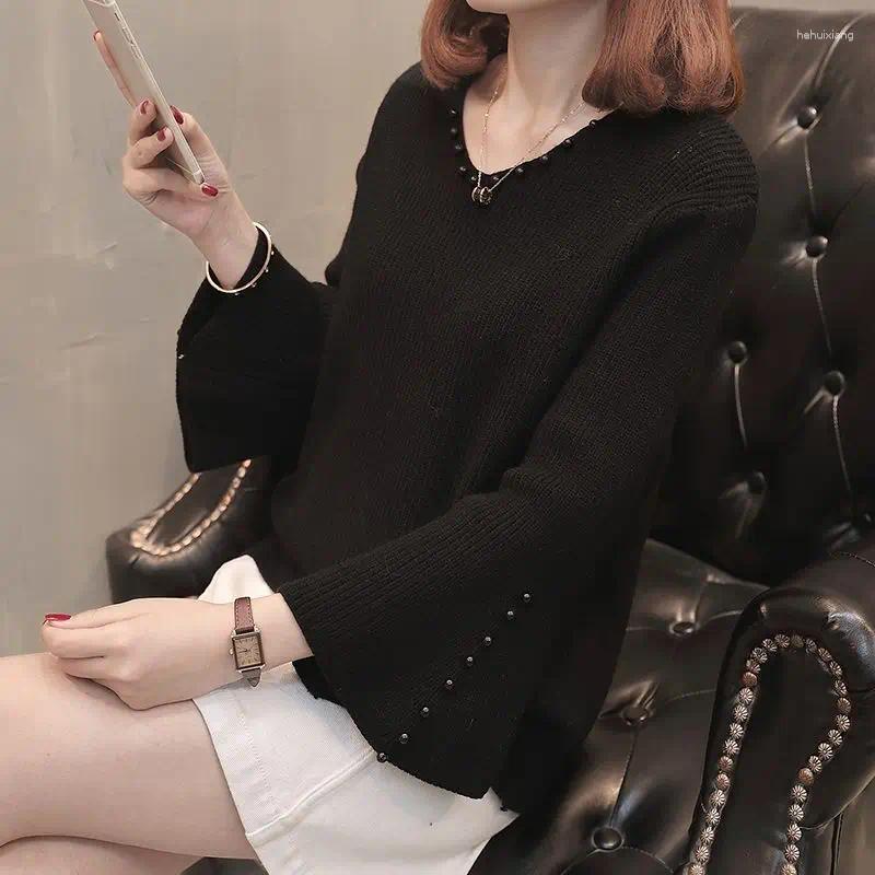 Women's Sweaters Vintage V-Neck Stylish Beading Female Clothing Flare Sleeve Autumn Winter All-match Solid Color Casual Knitted Jumpers