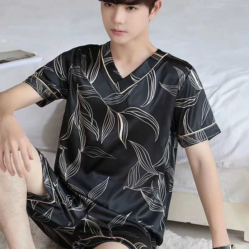 Summer Pajamas 3XL Men Silk Satin Pullover Shorts Two Piece Set Sleepwear Man Pajama Home Clothes Nightwear Men Sleep Lounge Y240913