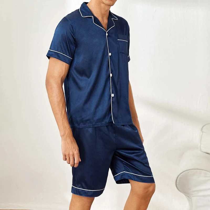Mens Sleepwear Summer Classic Satin Loungewear Pijamas Short Sleeve Lapel Neck Button Up Top And Shorts Pajamas Set Nightwear Y240913
