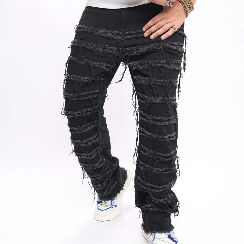 Mens HipHop Stacked Spliced Biker Jeans Stylish Men Street Loose Cotton Solid Male Straight Denim Pants 240912