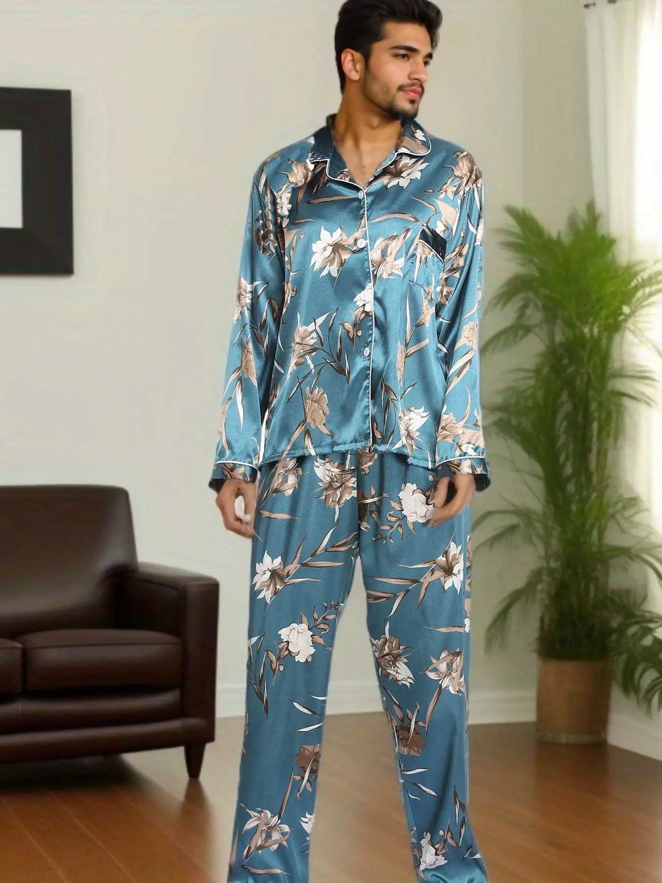 New Spring Summer Men 2PCS Pajamas Set Print Silk Satin Sleepwear Long Sleeve Pijamas Suit Loose Casual Home Clothes Loungewear Y240913