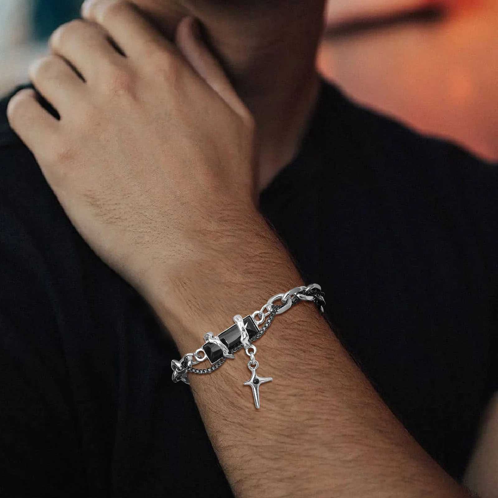 Retro Black Zircon Star Bracelet for Men BoysTrend Stainless Steel Stacked Chain WristbandAdjustable Hiphop Jewelry GiftsX240913