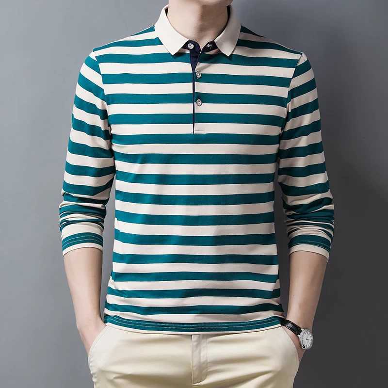 Simple trend autumn mens lapel striped button contrasting color fashionable casual loose long sleeved polo shirt top W240913