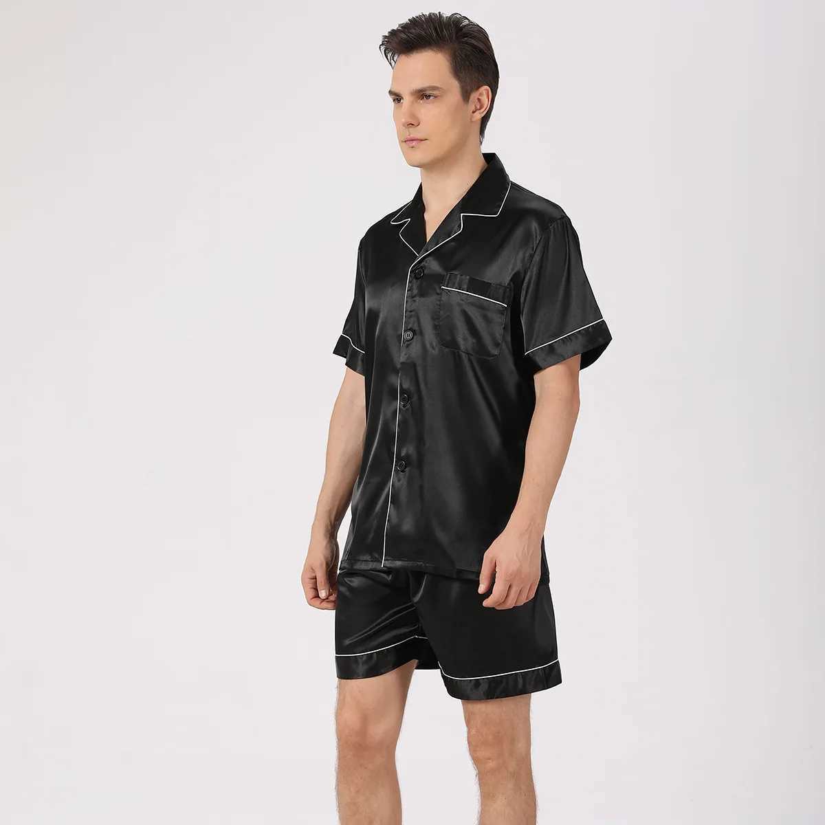 Men Pajama Sets Ice Silk Satin Short Sleeve Shirt+Shorts 2Pcs Suit Summer Thin Sleepwear Solid Color Male Casual Home Clothes Y240913