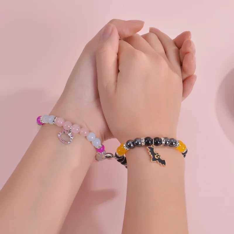 2PCS Halloween Spider Cat Bat Couple Bracelet Mens Heart Magnetic Matching Bracelet Stone Crystal Bead Bracelet Jewelry W240913