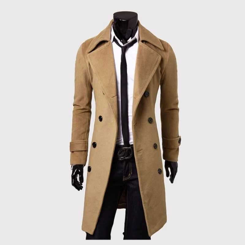 Long Trench Coat Outwear Men Coat Turndown Collar Windproof Thick Jacket Stylish Warm Pure Color Trench Coat for Office Y240913