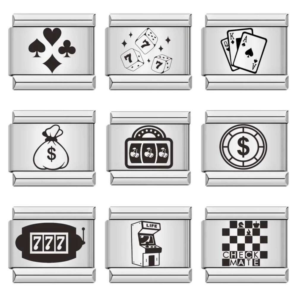 Hot Sell Laser Engraving Chess Card Entertainment Pattern Titanium Steel DIY Italian Bracelet Charm Links Stainless Steel Fit 9Mm Bracelet Jewelry Mak