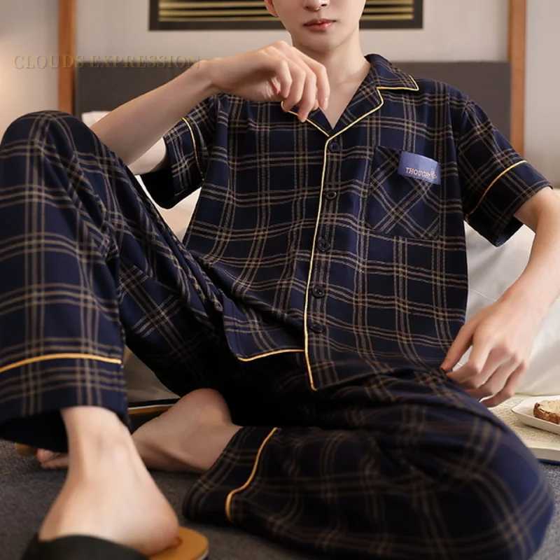 Summer Knitted Plaid Cool Mens Pyjamas Plus 5XL Pajama Sets Casual Pjs Lounge Masculine Sleepwear Nightwear Pijamas Homewear Y240913