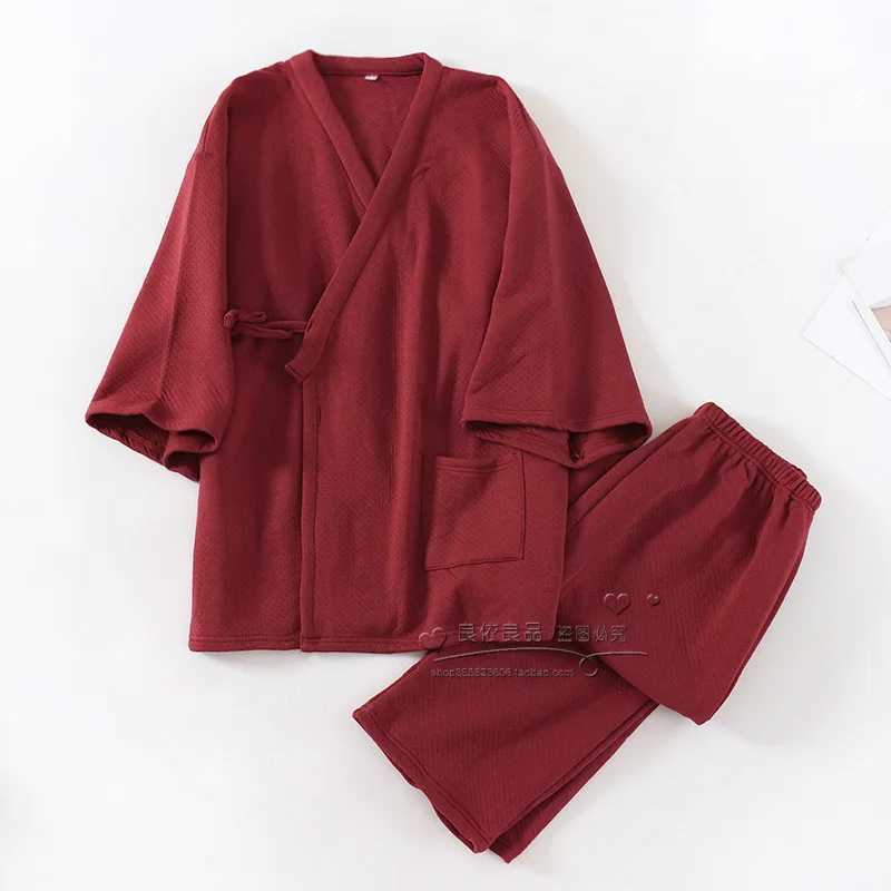 Autumn Winter Japanese Style MenS Kimono Pajamas 100% Cotton Air Layer Mixed With Cotton Oversize Sleepwear Two-Piece Nightie Y240913