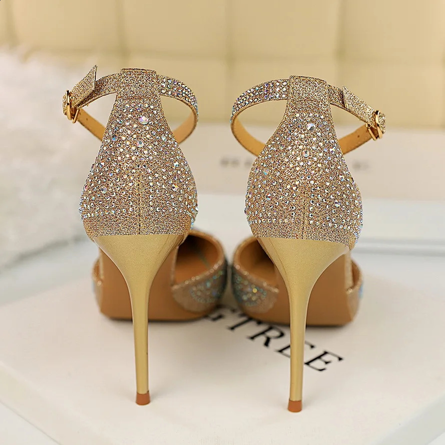 Sexy Women 10cm High Heels Sandals Wedding Glitter Bridal Heels Champagne Gold Pumps Fetish Stiletto Crystal Glitter Strap Shoes 240910