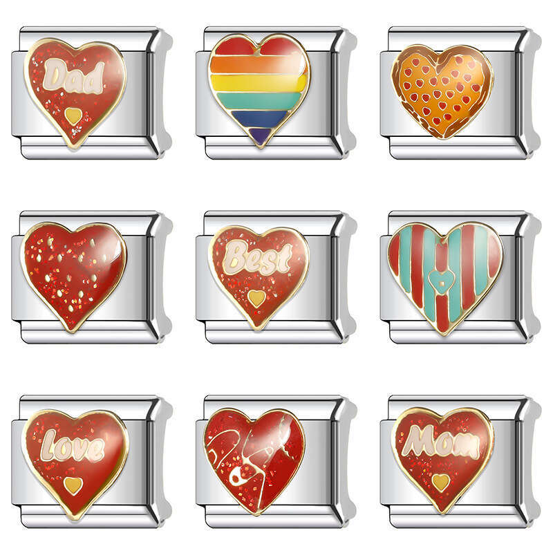 New Women's Gift rainbow heart Bead Italian Charms Links Bangle Beads Fit 9mm Stainless Steel Bracelet Making DIY For Women Fashion Jewelry