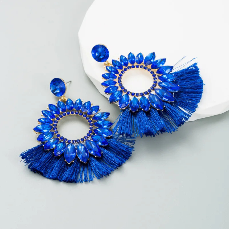 Red crystal tassel pendant earrings womens jewelry ethnic alloy blue and white rhinestone flower wholesale 240912