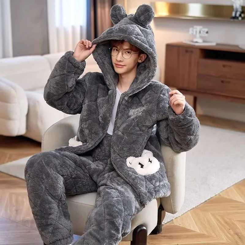 Pajamas Men Homewear Suit Winter Coral Fleece Home Sleep Clothes Thickened Three Layers Cotton Male Teen Plus Loungewear Set Y240913