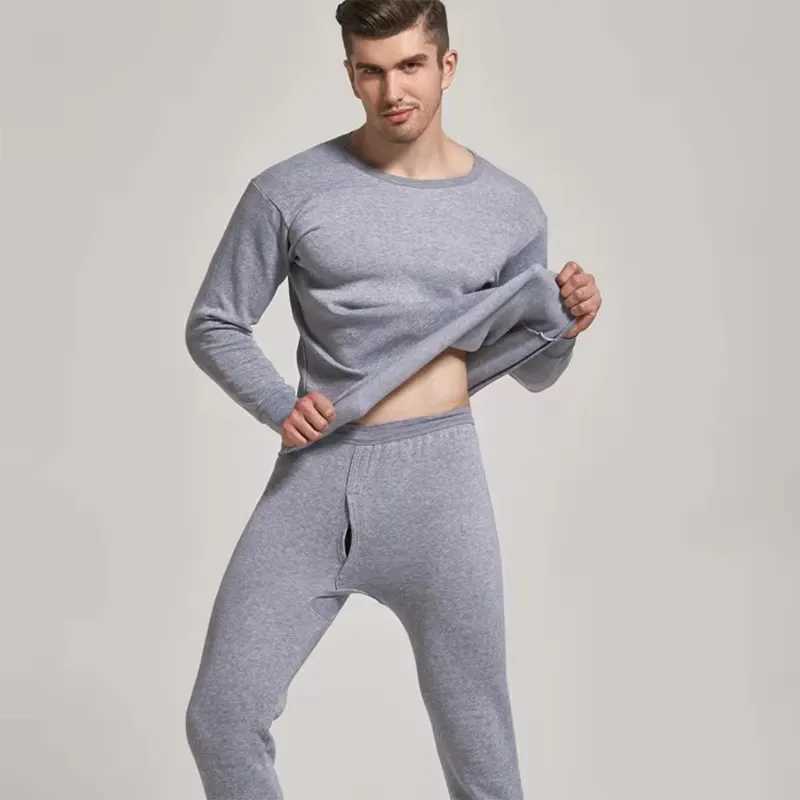 Mens autumn and winter velvet pajama set solid color thermal underwear round neck fleece thick pajama pants Y240913