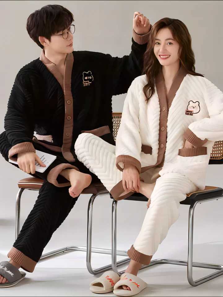 Couple Look Pijama Room Wear Winter Warm Sleepwear Big Size Pajamas Man Woman Set Korean Style Two Piece Nighty Dress Romantic Y240913