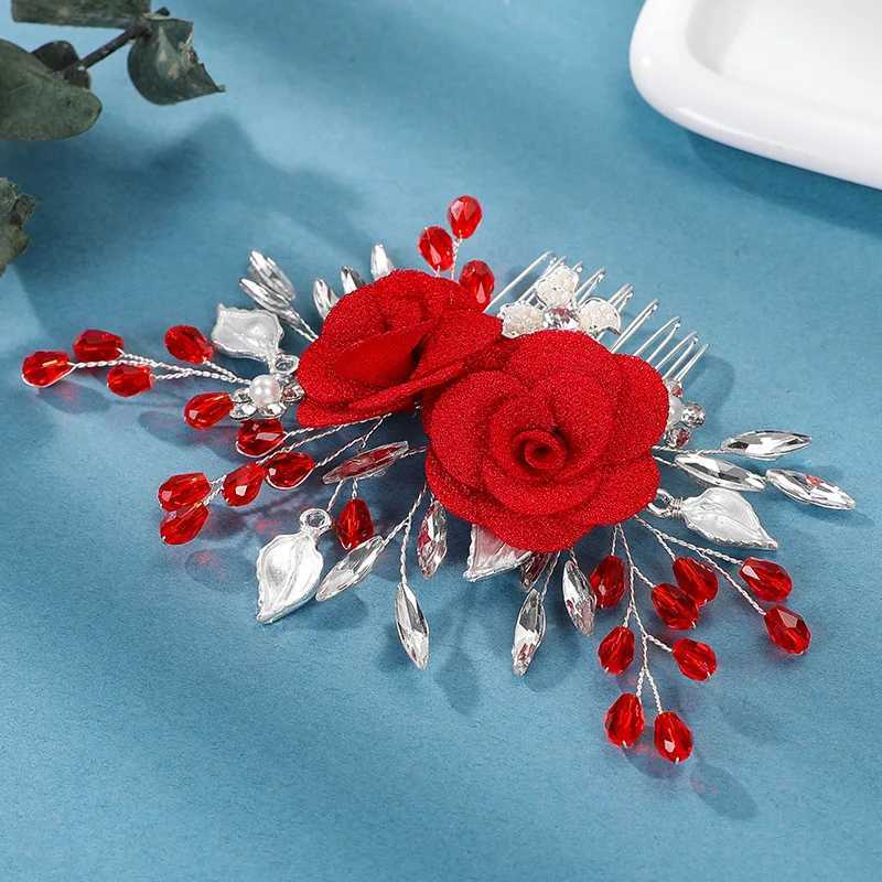 Fashion Crystal Wedding Hair Comb Hair Accessories Bride Red Flower Headpiece Wedding Headband Women Tiara Wedding Hair ClipsX240913
