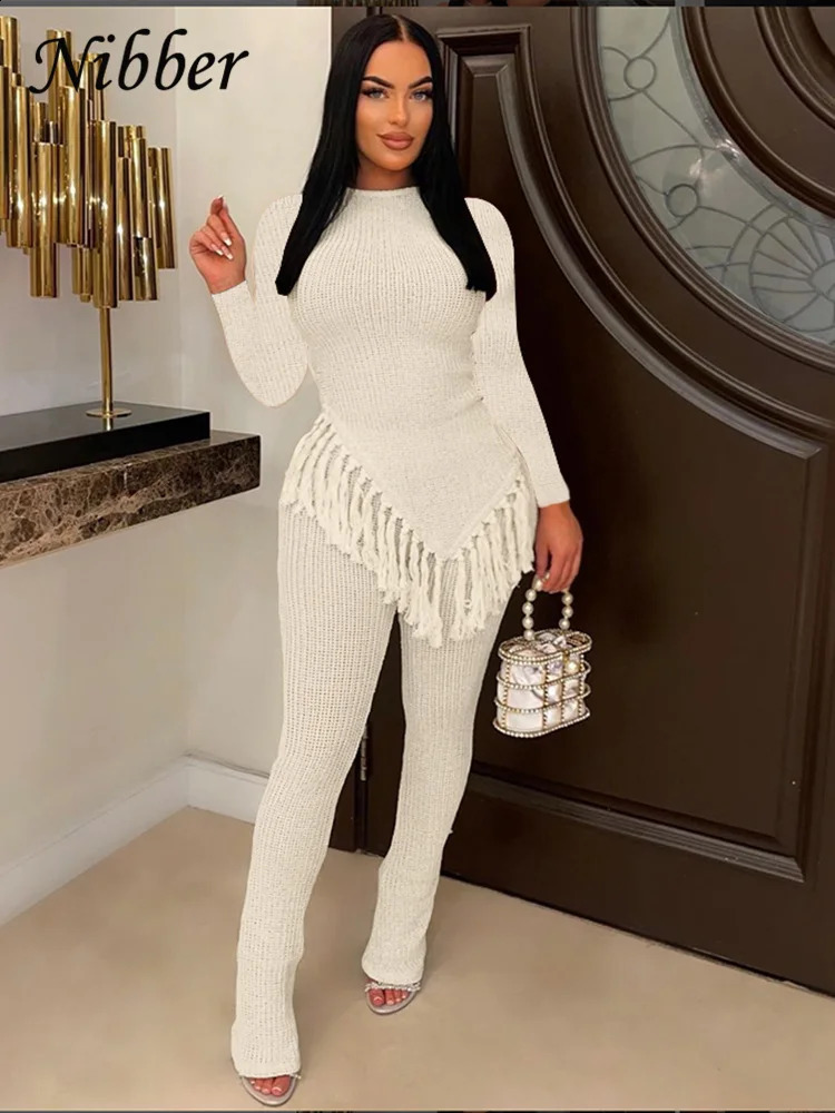 Nibber Autumn Casual Two Piece Set Women Irregular Tassel Chic Top Stretch Flare Pant Female Streetwear Outfits Tracksuit 240910