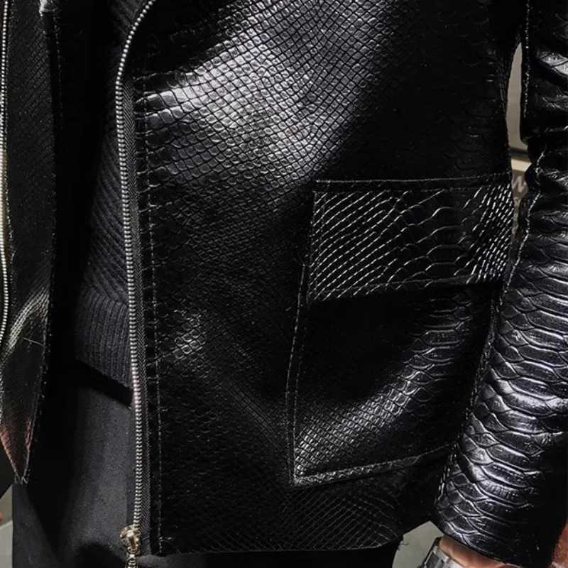 New Crocodile Patterns Leather Jacket mens solid lapel Slim Fit PU Coats Casual Blazer Leather Jacket Motorcycle OutwearX240913