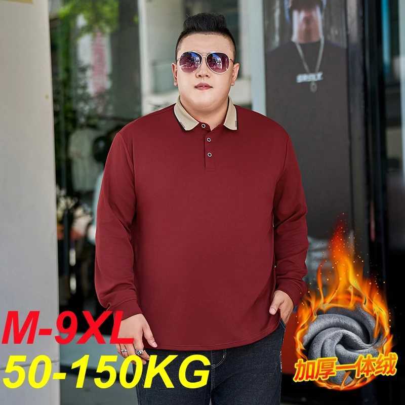 Long sleeved polo shirt mens plus size 9XL 8XL autumn new item 152cm large bra 7XL 6XL wool lining warm and loose basic top W240913