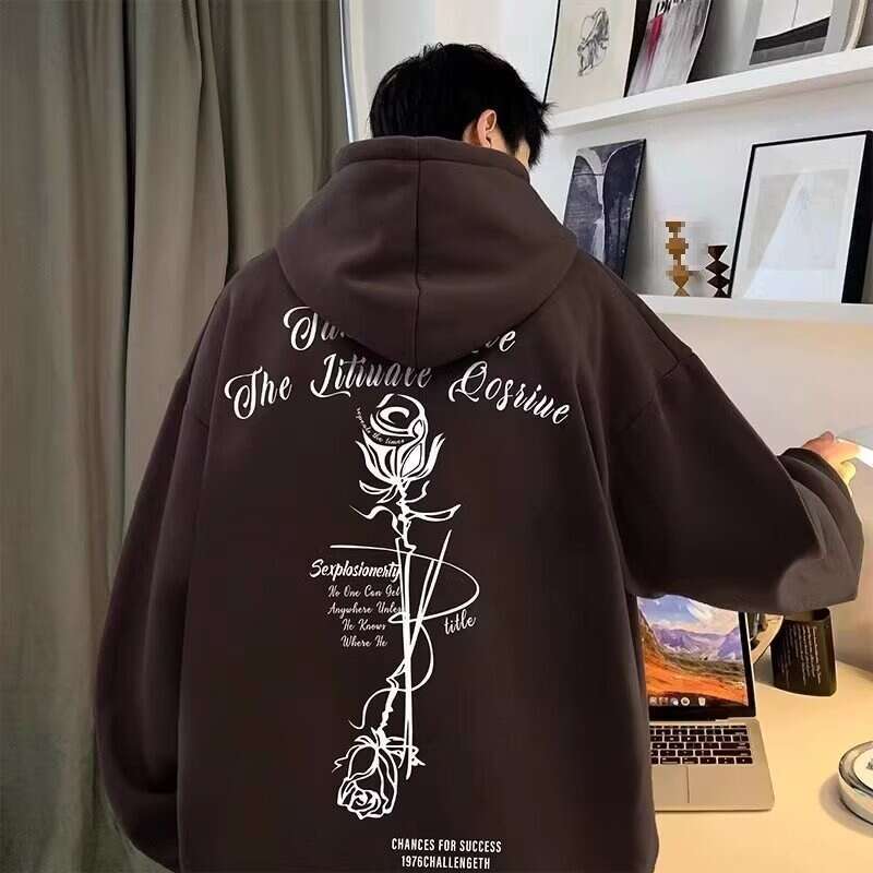 Rose Hooded Sweatshirt For Male Students, American Spring And Autumn Pullover Hoodie, Hoodie Trendy Brand, Loose And Versatile Hoodie Top, Trendy