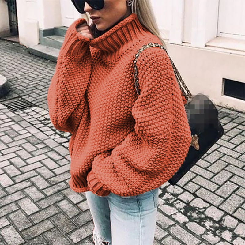 Autumn and winter pullover new thick thread women's rolled edge high neck batball sleeve knitted sweater
