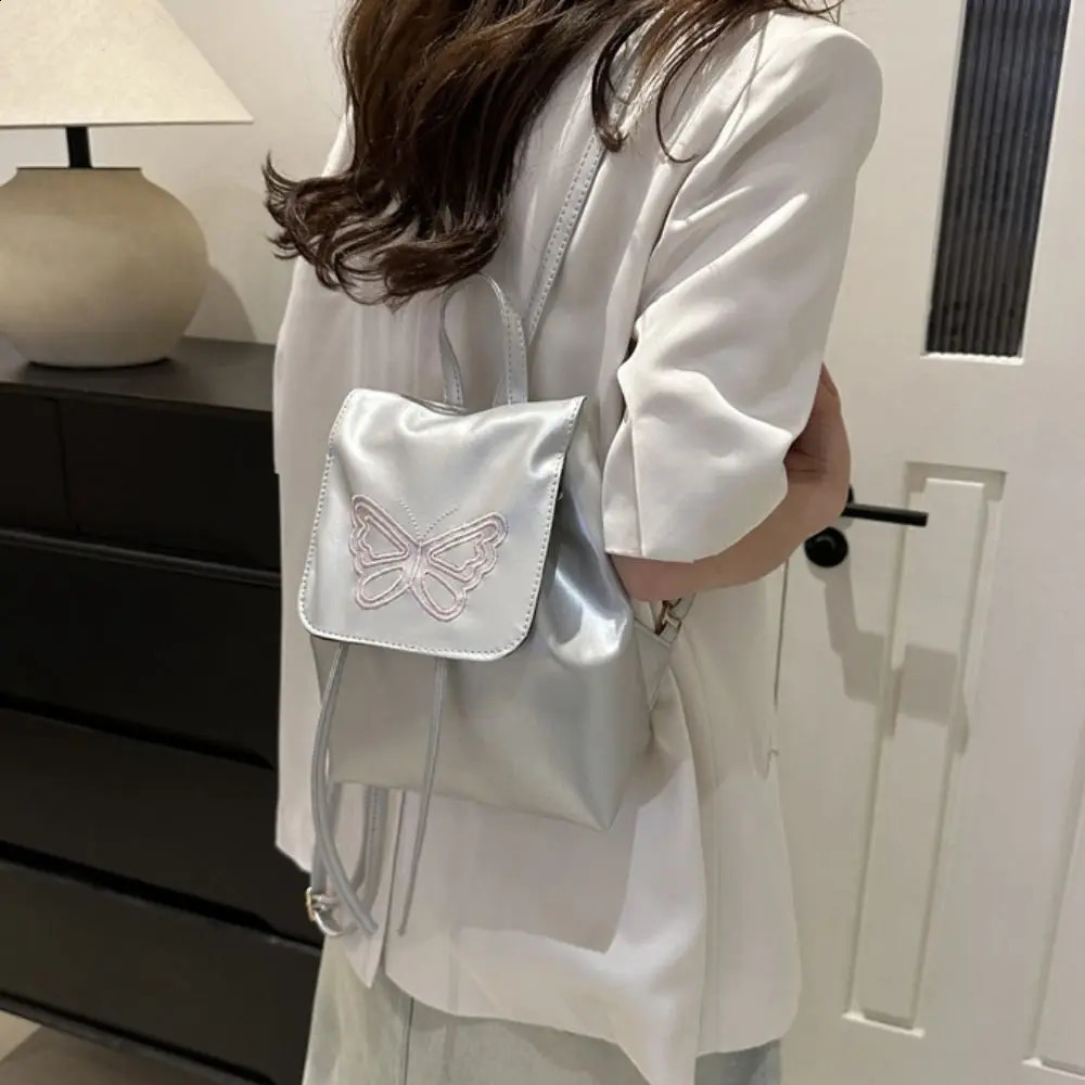 Large capacity Korean square backpack with butterfly pattern Pu leather backpack handbag solid color Y2k school backpack travel 240912