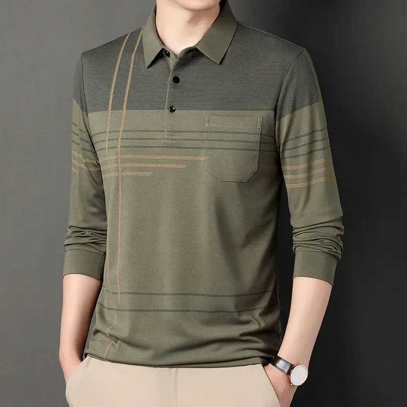 Street Clothing Mens Striped Polo Shirt Spring and Autumn New Cotton Mens Clothing Pocket Long Sleeve Casual Loose Business Top W240913