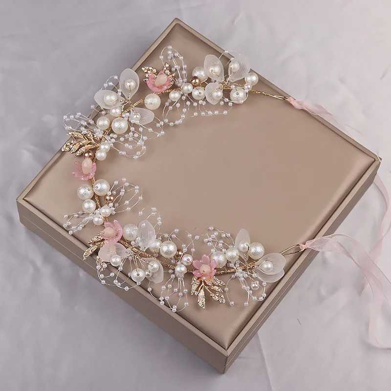 handmade bride hair accessories pink flower wedding headdress crystal headpiece pearl headband for women weddingX240913
