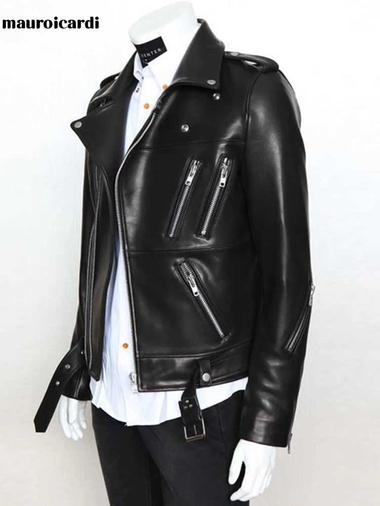 Mauroicardi Spring Autumn Cool Black Soft Faux Leather Jacket Men with Many Zippers Long Sleeve Belt Plus Size OuterwearX240913