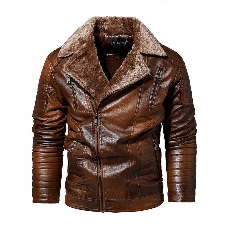 Autumn and Winter Mens Leather Jacket New Solid Color Slanted Zipper Design Outdoor Travel Lapel Coat Men Warm Leather ClothingX240913