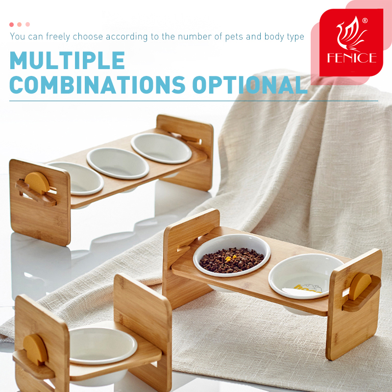 Fenice Pet Dog Bowls Elevated Heights Adjustable Bamboo Food and Water Dishes Puppy Pet Cat Neck Care Raise Stand Bowl