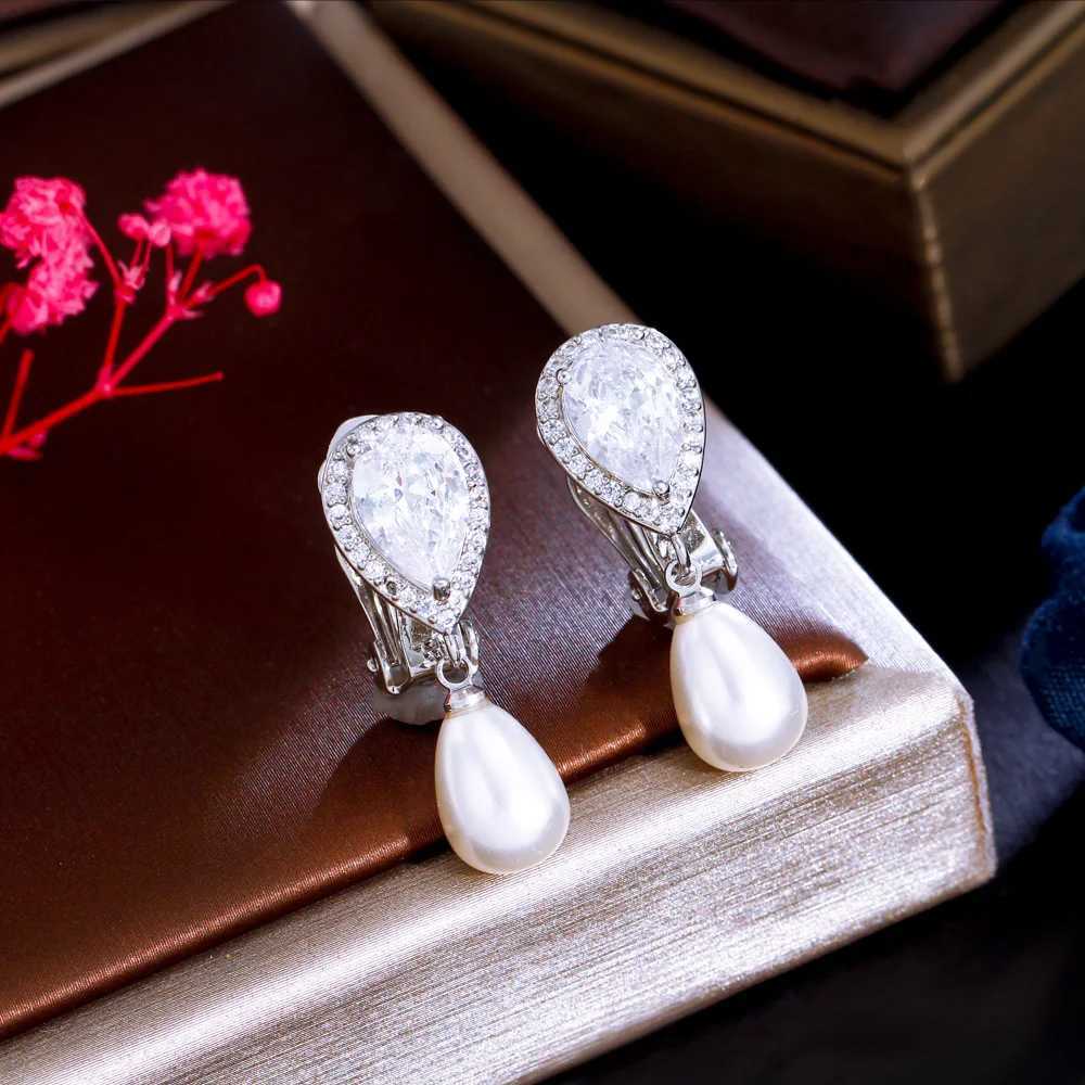 CWWZircons Elegant Design Shiny White Cubic Zircon Dangly Bridal Wedding Party Clip on Pearl Earrings No Piercing Hole CZ496X240913