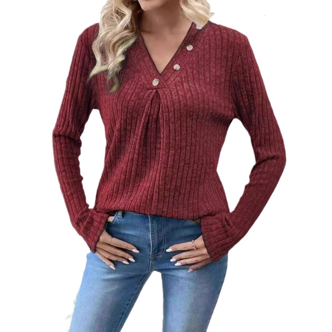 Women's autumn and winter new casual V-neck knitted sweater long sleeved top