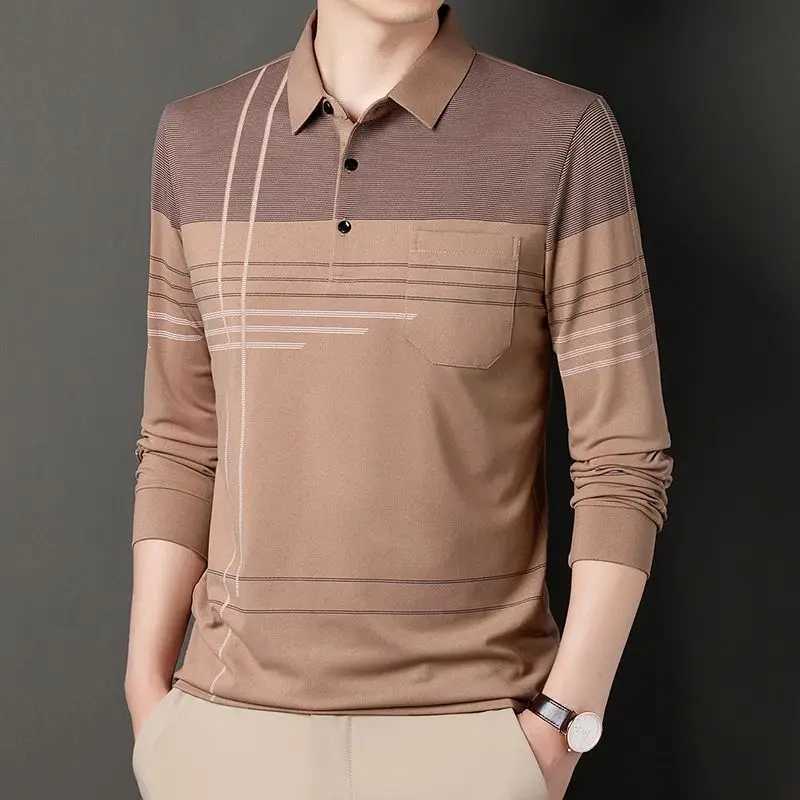 Street Clothing Mens Striped Polo Shirt Spring and Autumn New Cotton Mens Clothing Pocket Long Sleeve Casual Loose Business Top W240913