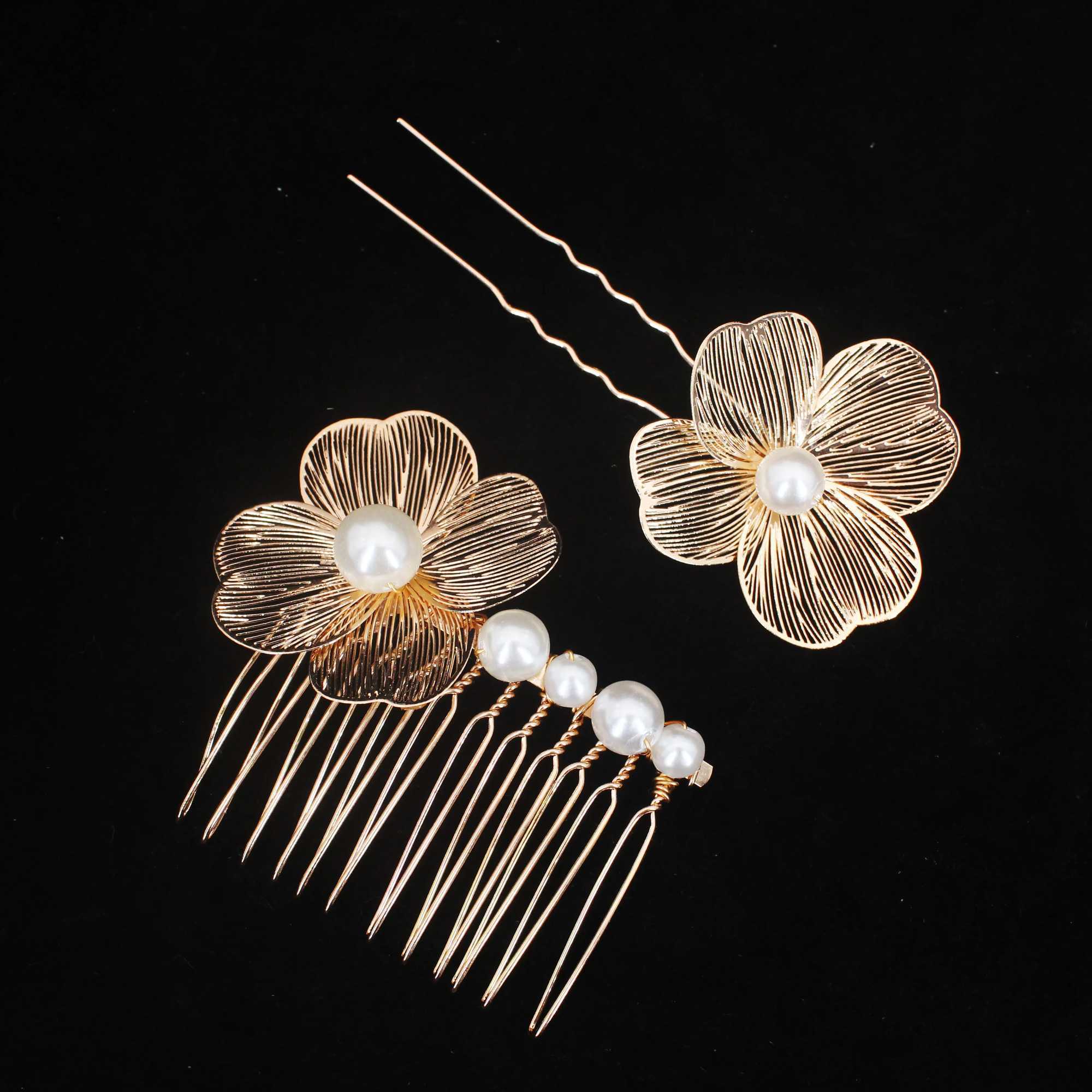 Luxury Metal Flower Headdress Bridal Headpiece Gold Color Pearl Wedding Hair Comb For Women Bride Jewelry Accessories WholesaleX240913
