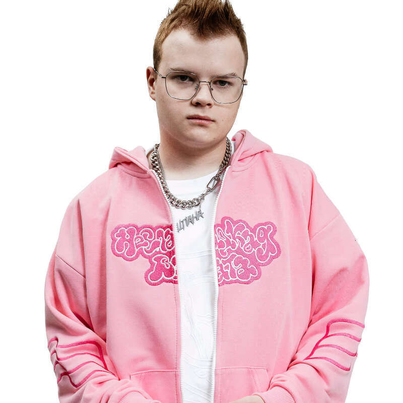 Y2K Zip Up Hoodie Men Women Trendy Art Embroidery Sweatshirt Fashion Haruku Pink Oversized Streetwear Unisex Clothing