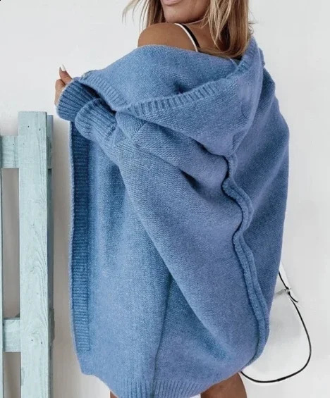 Cardigan for Women Autumn Fashion Solid Color Long Sleeved Temperament Commuting Loose Knit Open Front Hooded Sweater 240904