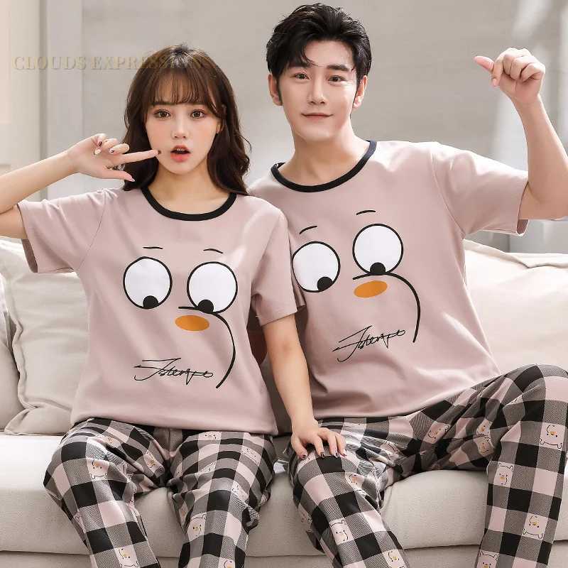 Summer Big 4XL Couple Pijama Knited Cotton Matching Pajamas Sets Long Pant Sleepwear Pyjamas Night Suits Pijamas Size Homewear Y240913