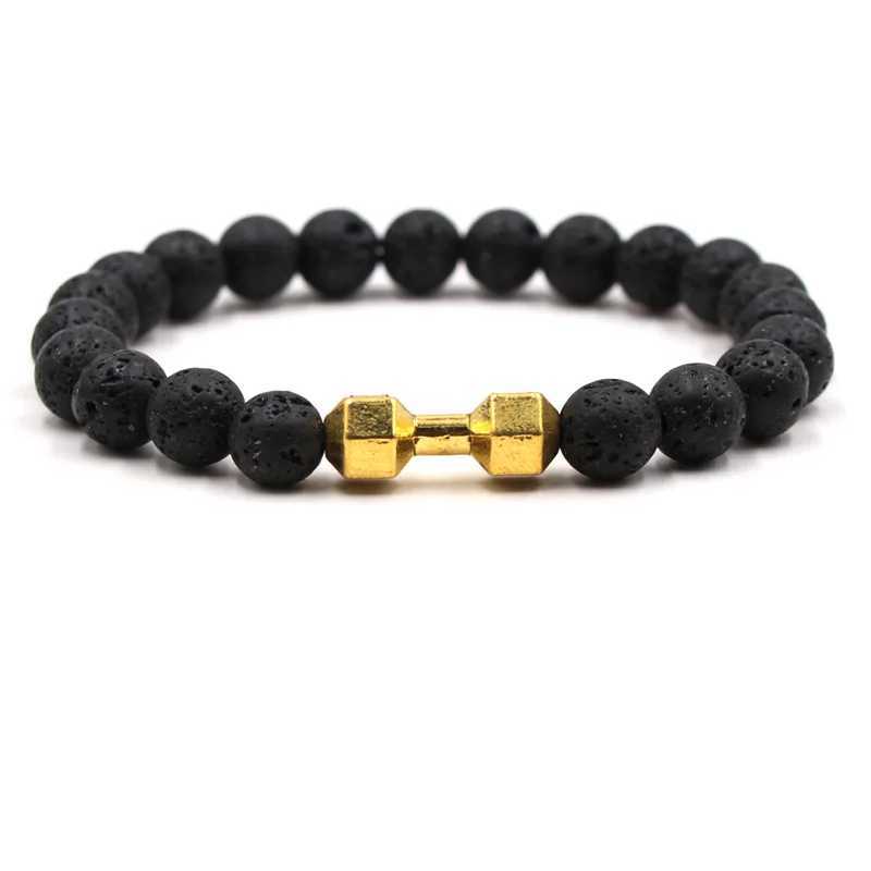 Natural Black Volcanic Molten Rock Dumbbell Bracelet Black Matte Bead Bracelet Mens Fitness Barbell Jewelry Pulseras W240913