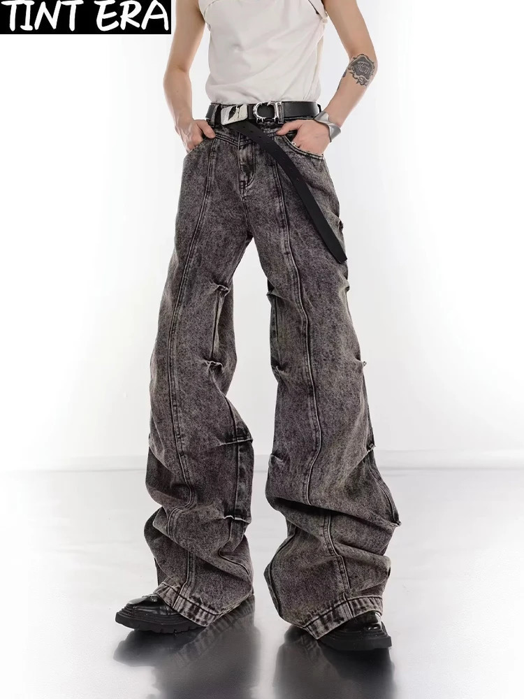 Y2K Wide Leg Jeans Men Pleated Vintage Fashion Micro Flared Denim Pants High Street Bootcut Trousers Male Stack 240912