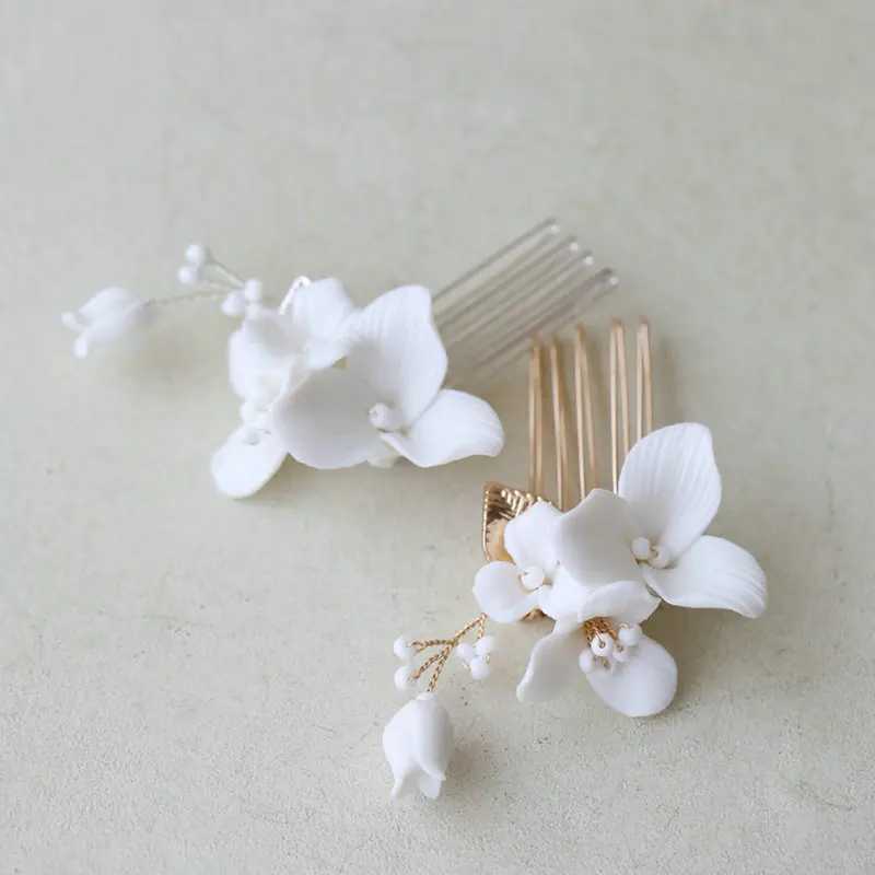 Delicate Ceramic Rose Flower Bridal Hair Comb Gold Silver Color Leaf Women Headpiece Wedding AccessoriesX240913