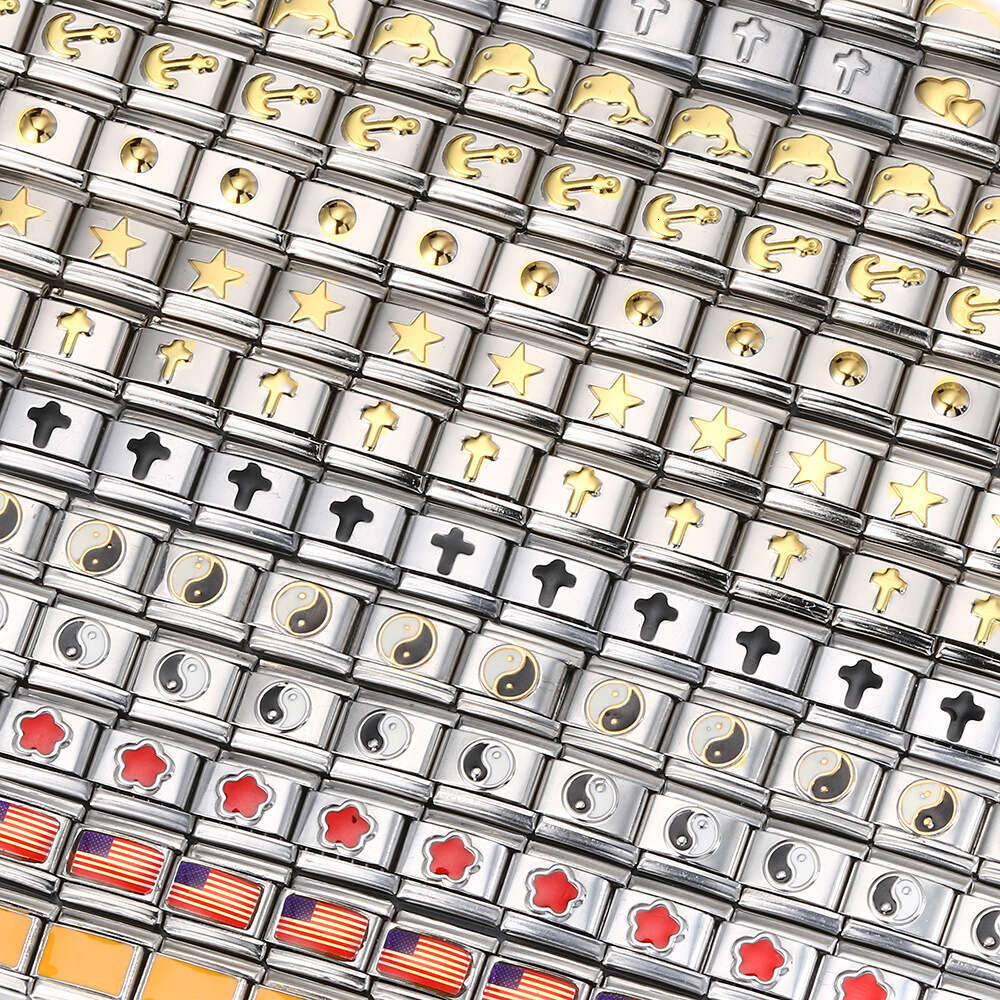 Whole Stamped Pattern Beads Bracelet Square Elastic Titanium Steel Strap Chain Italian Charm Links Stainless Steel Fit 9mm Bracelet Jewelry DIY Making