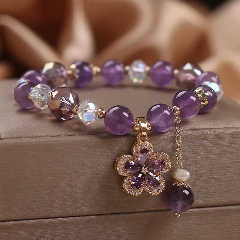 FEEHOW 2024 New Amethyst Bead Bracelet Suitable for Women Shining Zircon Flower Water Drop Charm Fashionable Party Handmade Jewelry W240913
