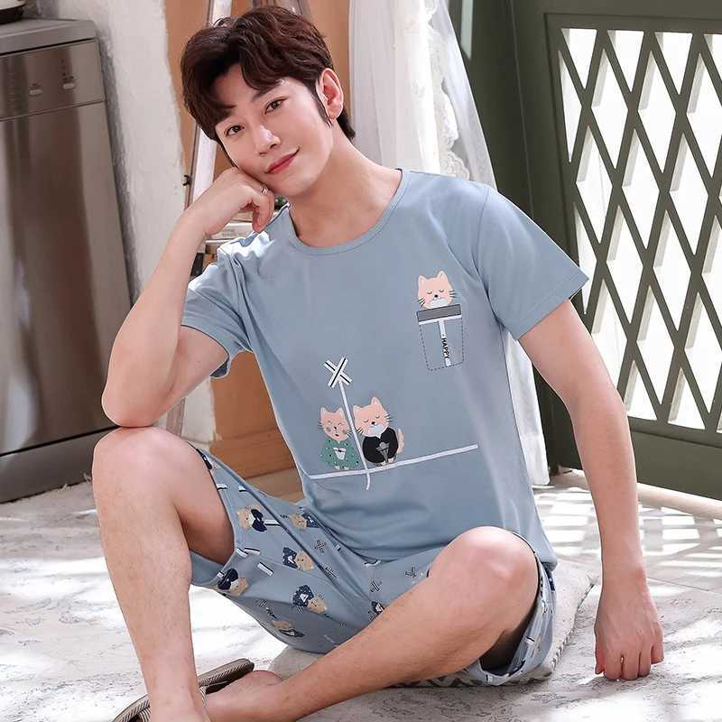 Cotton Summer Thin Mens Pajamas Set Plus Size Short Sleep Tops Pant Sleepwear Suit Male Home Suit Homewear Casual Pyjamas Y240913