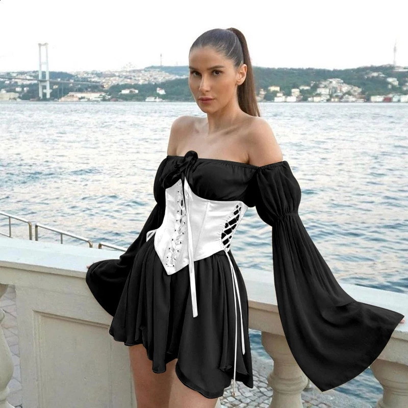 Fairy Pink Chiffon mini dress fashionable womens bandage tight corset retro long puff sleeves Sundress Slash Neck Bridesmaid Bodycon Beach 240913