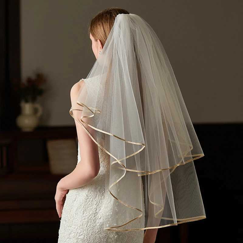V773 Handmade Wedding Bridal Veil White Two-Layer Plain Tulle Gold Satin Edge Brides to Be Veil with Alloy Hair CombX240913