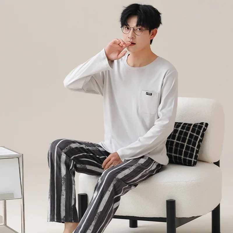 2024 Cotton Homewear for Man Autumn Long Sleepwear Big Size L-3XL Nightwear Korean Fashion Pullover Pajamas Set Young Boy Male Y240913