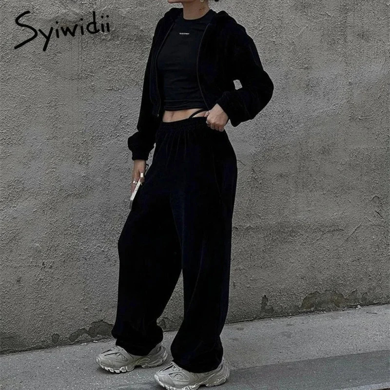 Syiwidii Casual Women Suits Chic Hooded Zipper Cropped Coat Loose Sweatpants Autumn Winter Fashion High Street 2 Pieces Sets 240910